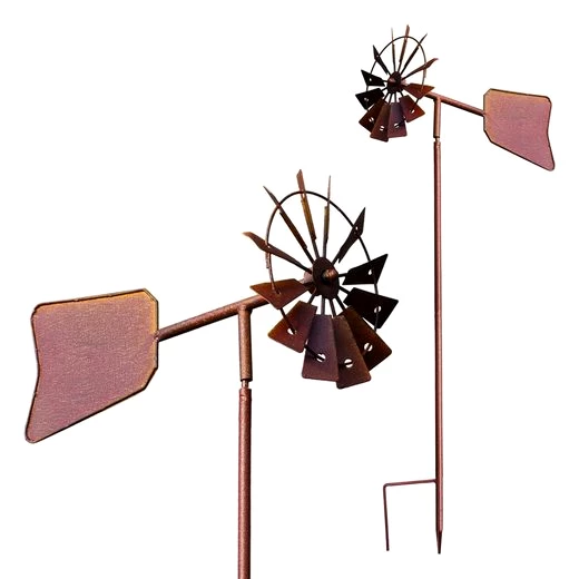 Spetebo Windspiel Windmühle Metall Rost - 120 x 17 cm - Deko Gartenstecker , mit Windfahne