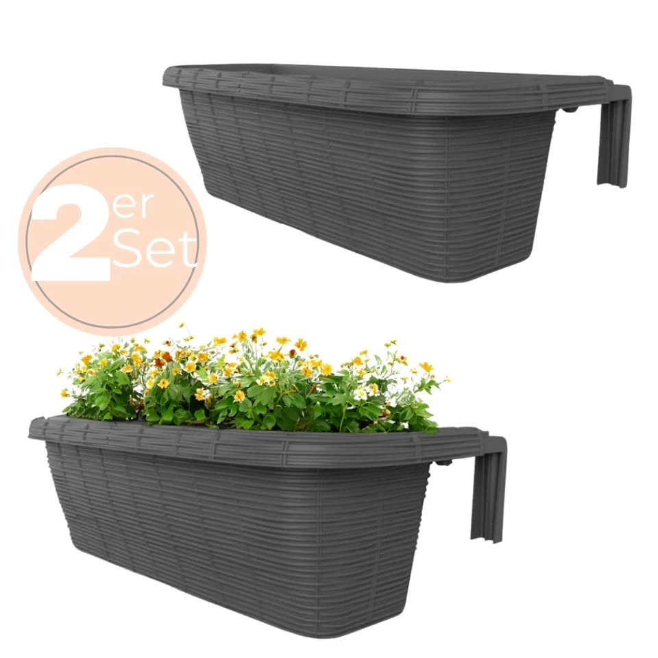 GarPet Balkonkasten 2x Blumen Kasten Balkon Geländer Wasserspeicher Rattan Anthrazit 60 cm